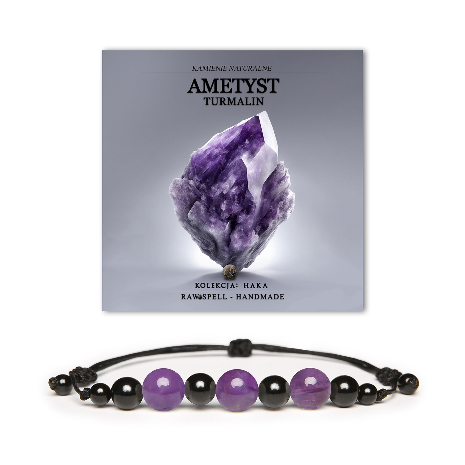 Stylowa bransoletka Haka z kolekcji premium, zawierająca ametyst i turmalin, przeznaczona dla kobiet i mężczyzn.