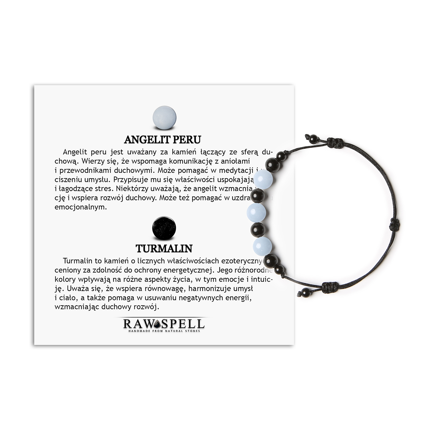 Kolekcja Haka bransoletka na sznurku z angelitem z Peru i turmalinem, idealna dla kobiet i mężczyzn Bransoletka Haka z naturalnymi kamieniami: Angelit z Peru i turmalin, idealna dla kobiet i mężczyzn.