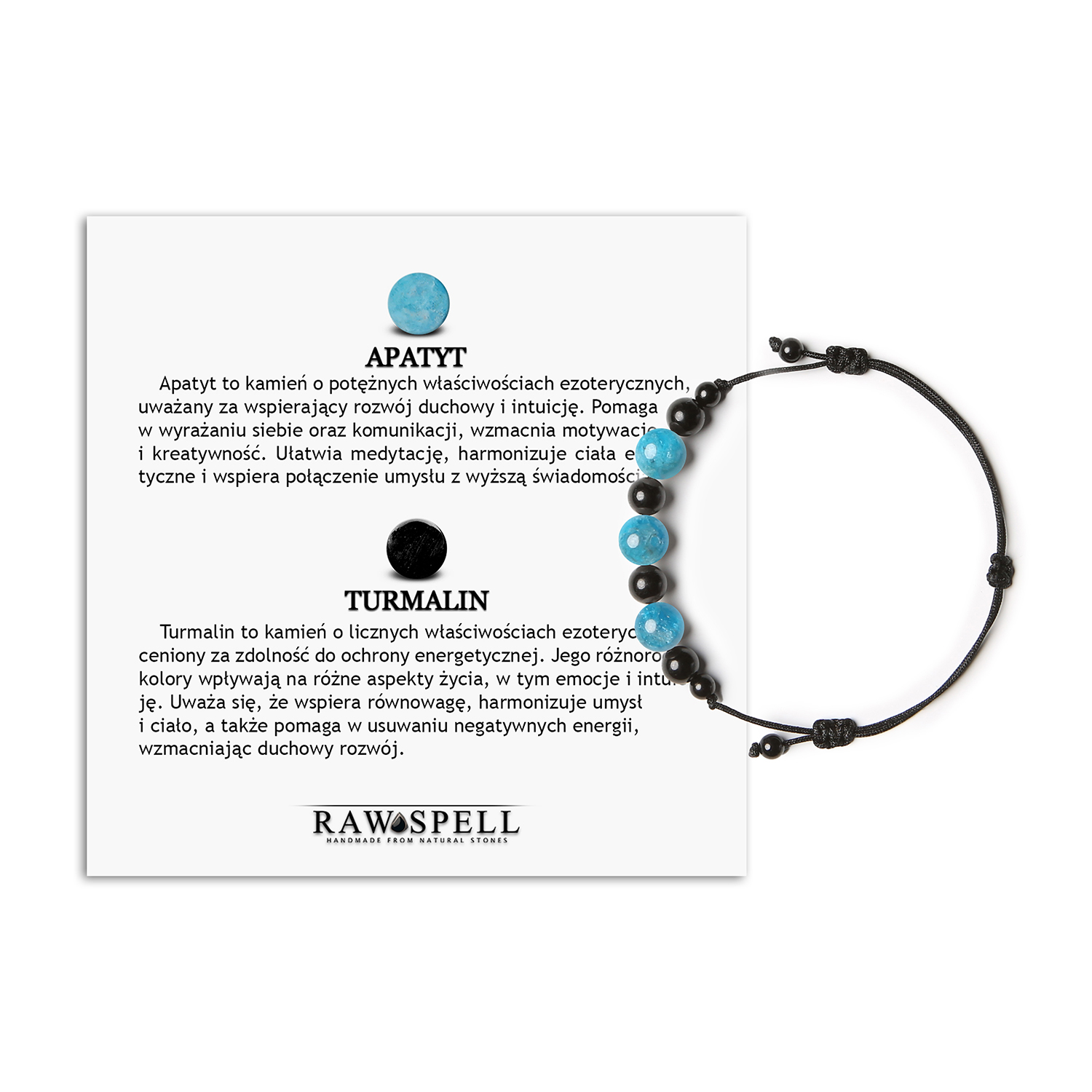 Kolekcja Haka - bransoletka na sznurku z apatytu i turmalinu, idealna dla kobiet i mężczyzn Stylowa bransoletka z kolekcji Haka wykonana z naturalnych kamieni - apatytu i turmalinu, unisex.