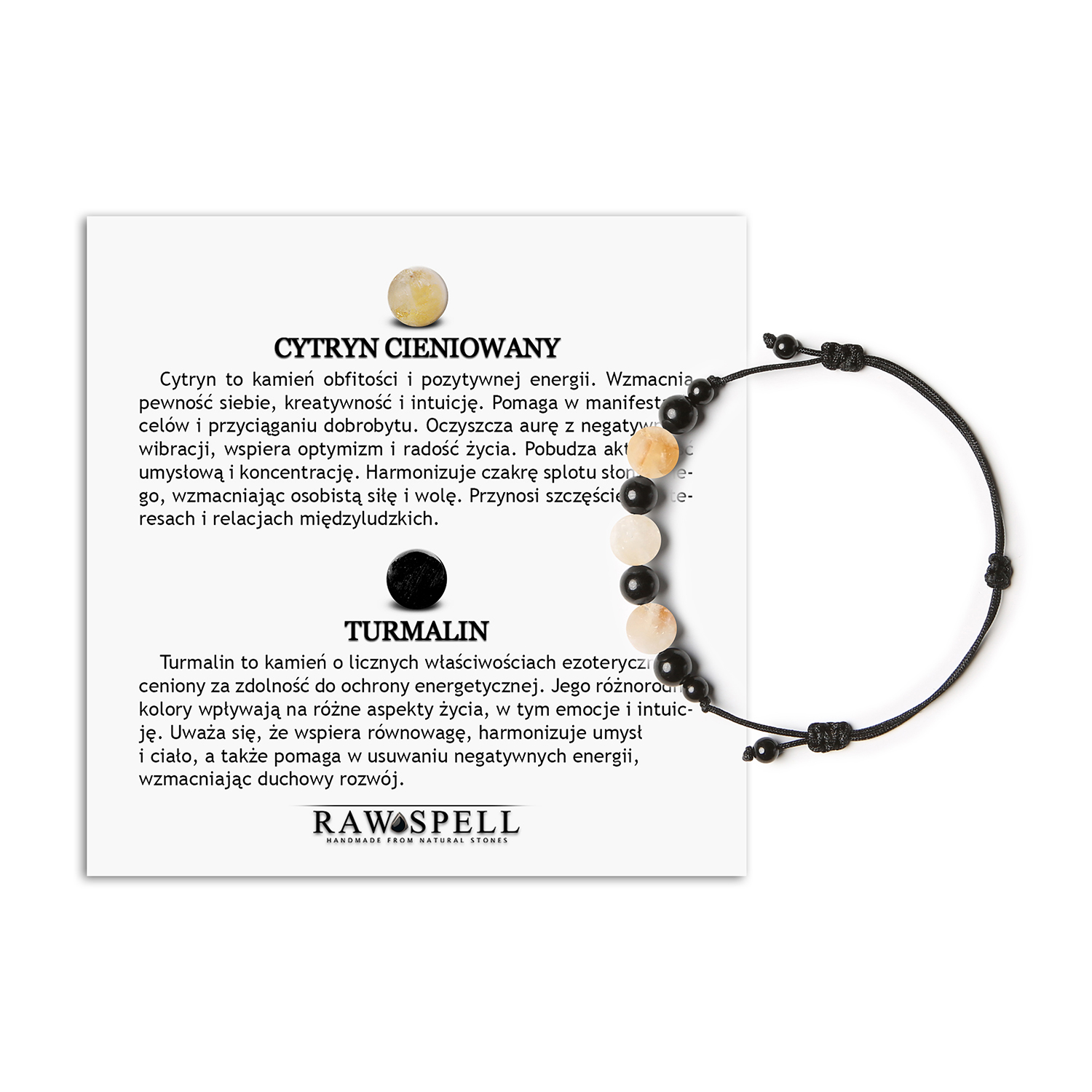 Kolekcja Haka bransoletka na sznurku z cytrynem cieniowanym i turmalinem, idealna dla kobiet i mężczyzn Damska i męska bransoletka Haka z naturalnymi kamieniami: turmalin i cytryn cieniowany.