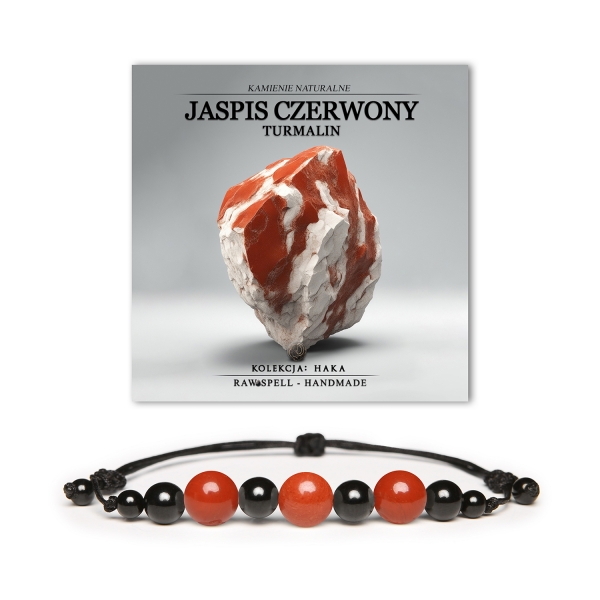 Bransoletka Haka z jaspisem czerwonym i turmalinem, elegancka biżuteria dla kobiet i mężczyzn, wykonana z naturalnych kamieni.