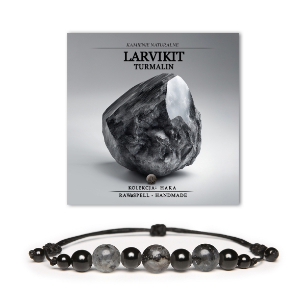 Bransoletka z kolekcji Haka wykonana z naturalnych kamieni larvikit i turmalin, idealna dla kobiet i mężczyzn.