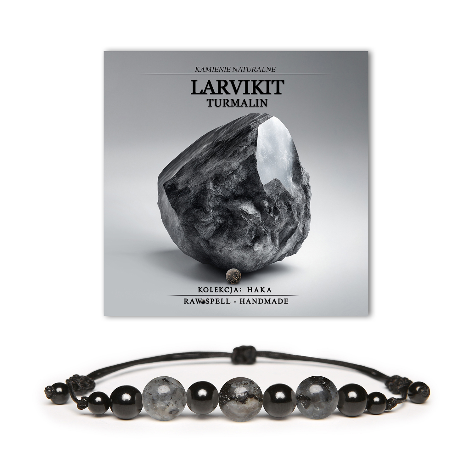 Bransoletka z kolekcji Haka wykonana z naturalnych kamieni larvikit i turmalin, idealna dla kobiet i mężczyzn.