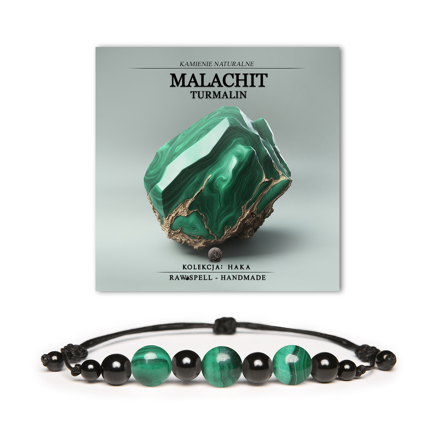 Bransoletka Haka z naturalnymi kamieniami: malachit oraz turmalin, dostępna w wersji damskiej i męskiej.