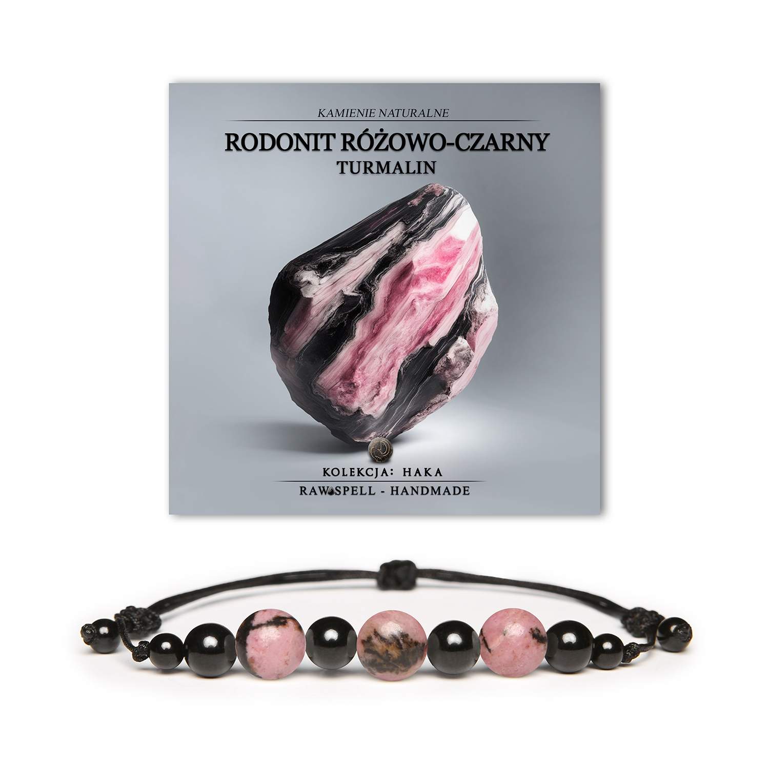 Damska i męska bransoletka Haka z naturalnymi kamieniami: rodonit w odcieniach różu i czerni oraz turmalin, doskonały wybór na każdą okazję.