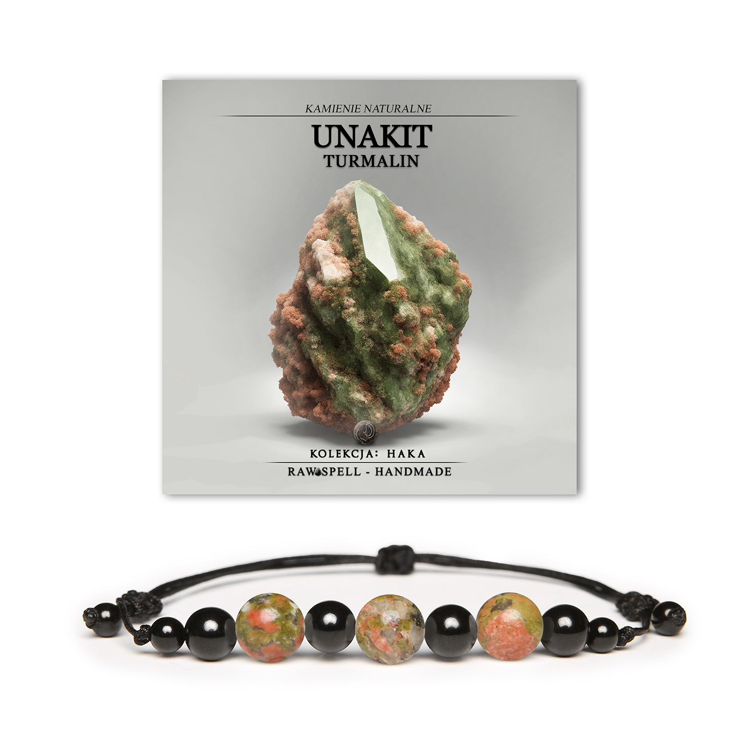 Bransoletka Haka z naturalnymi kamieniami unakit i turmalin, idealna zarówno dla kobiet, jak i mężczyzn.
