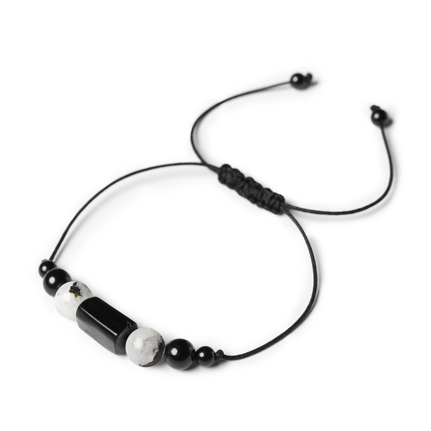 Kolekcja Inare bransoletka na sznurku z Kamieniem Księżycowym Łaciatym i Turmalinem dla kobiet i mężczyzn Elegancka bransoletka męska i damska z kolekcji Inare, z naturalnymi kamieniami: Łaciaty Kamień Księżycowy oraz Turmalin.