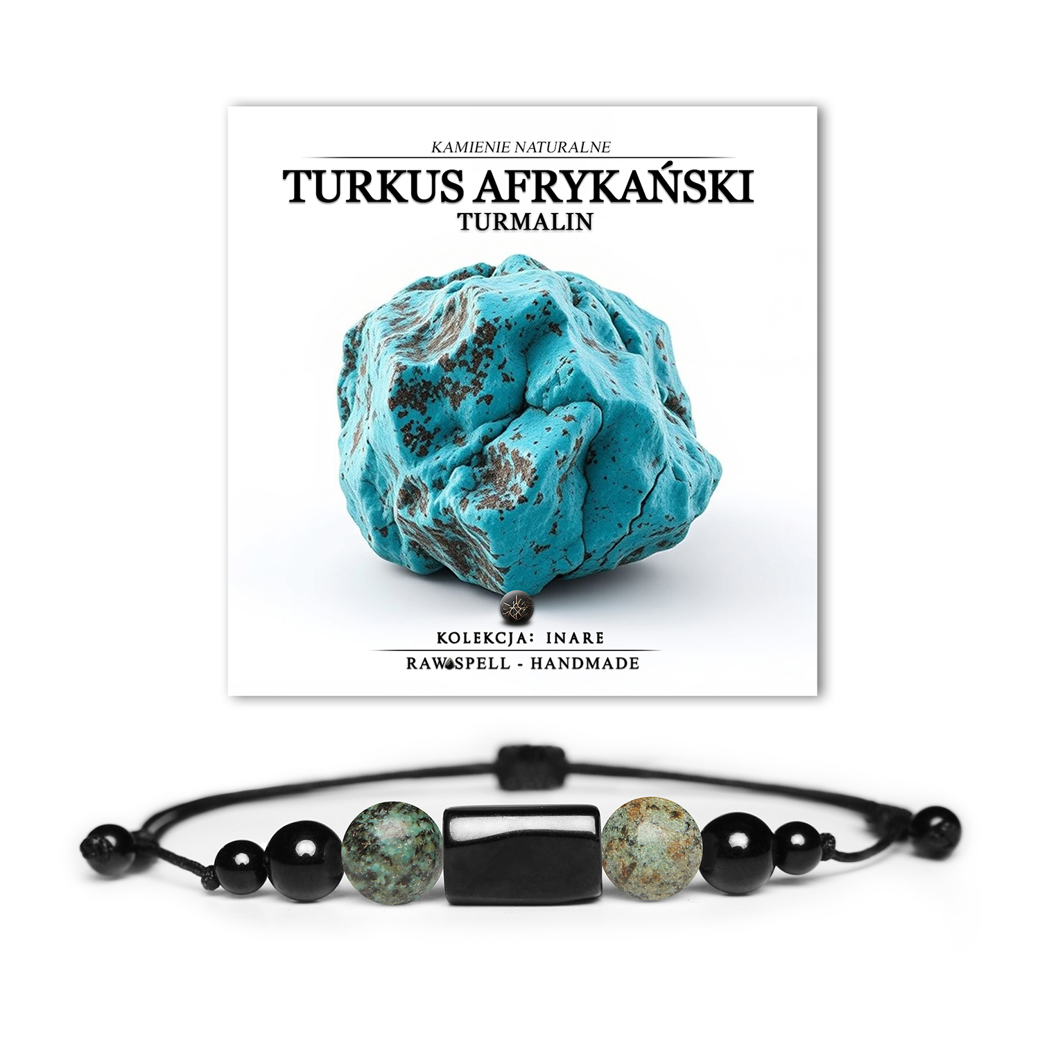 Bransoletka Inare z naturalnymi kamieniami: Turkus Afrykański i Turmalin, odpowiednia dla kobiet i mężczyzn.