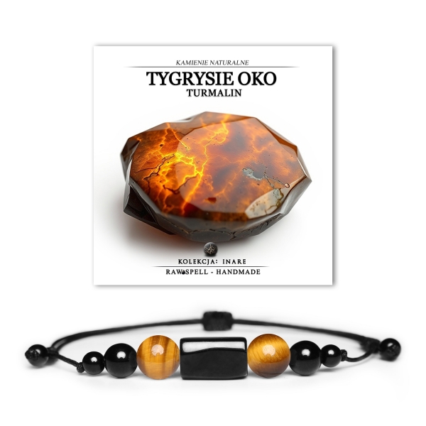 Bransoletka Inare z naturalnymi kamieniami: tygrysie oko i turmalin, idealna dla kobiet i mężczyzn.