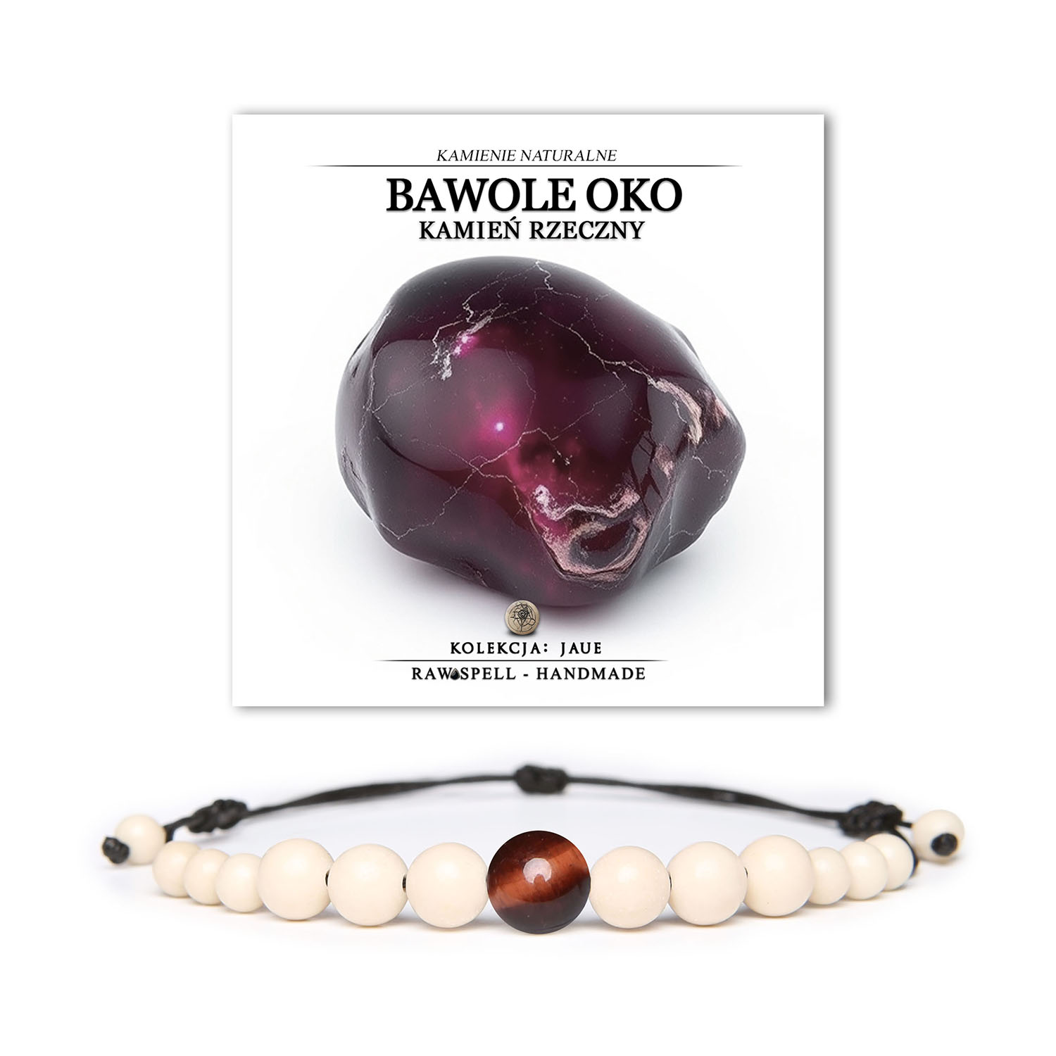Bransoletka męska i damska z kolekcji Jaue, wykonana z naturalnych kamieni: Bawole Oko i Kamień Rzeczny.