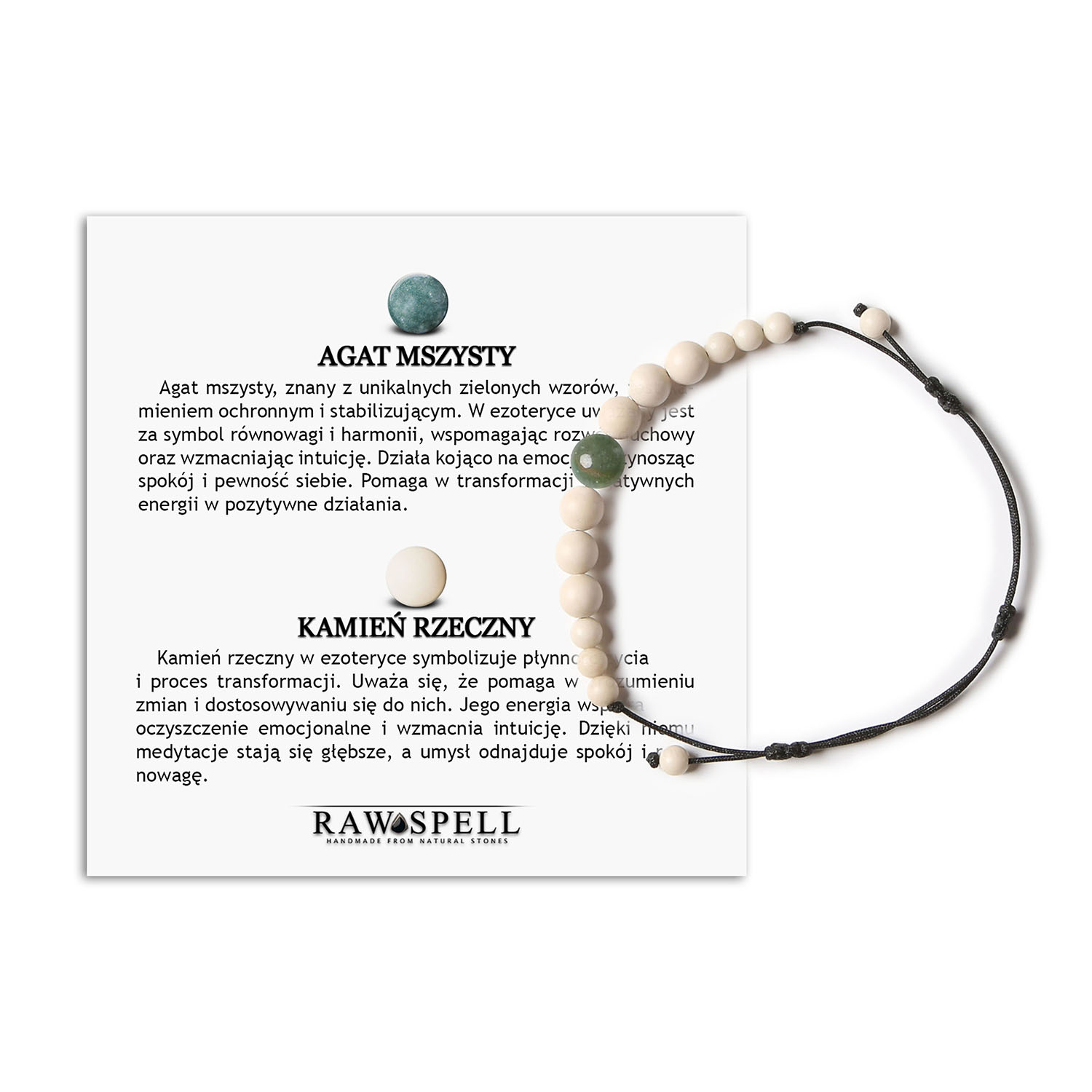 Kolekcja Jaue - bransoletka na sznurku z agatami mszystymi i kamieniami rzecznymi, dostępna w wersji damskiej i męskiej Stylowa bransoletka z kamieniami naturalnymi – Agat Mszysty i Kamień Rzeczny, unisex z kolekcji Jaue.