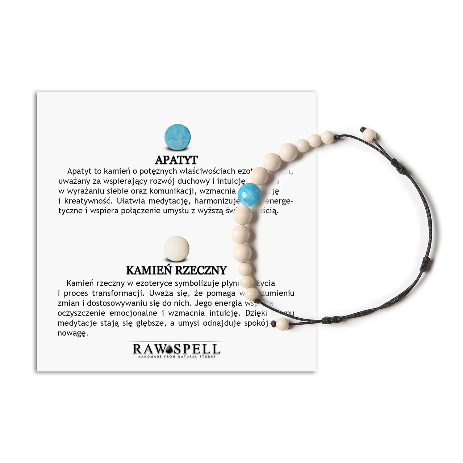 Kolekcja Jaue bransoletka na sznurku z apatytami i kamieniami rzecznymi dla niej i dla niego Bransoletka Jaue z naturalnymi kamieniami: apatyt i kamień rzeczny, dostępna w wersji damskiej i męskiej.