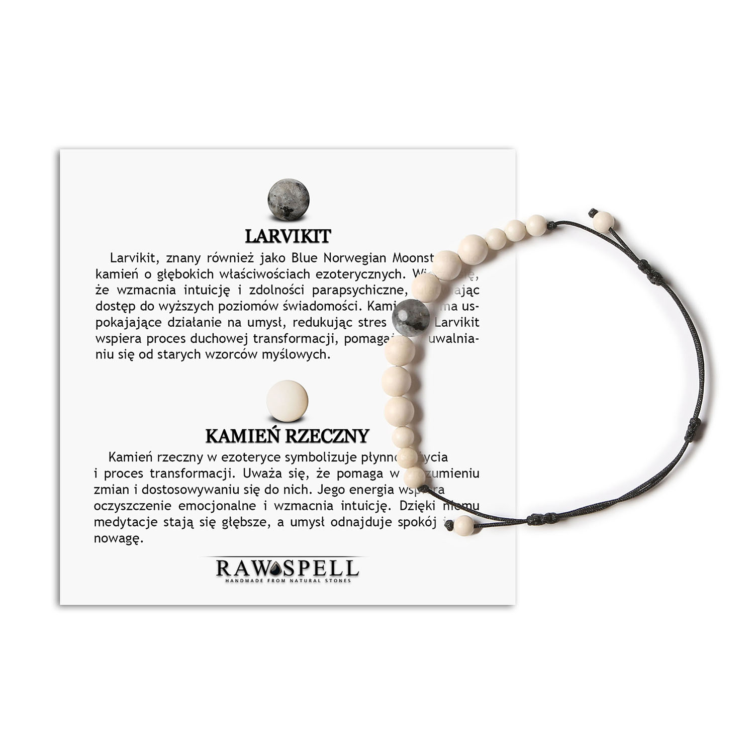 Kolekcja Jaue bransoletka na sznurku z larvikitem oraz kamieniem rzecznym, uniwersalna dla kobiet i mężczyzn Bransoletka z kolekcji Jaue wykonana z naturalnych kamieni - larvikitu i kamienia rzecznego, doskonała dla kobiet i mężczyzn.