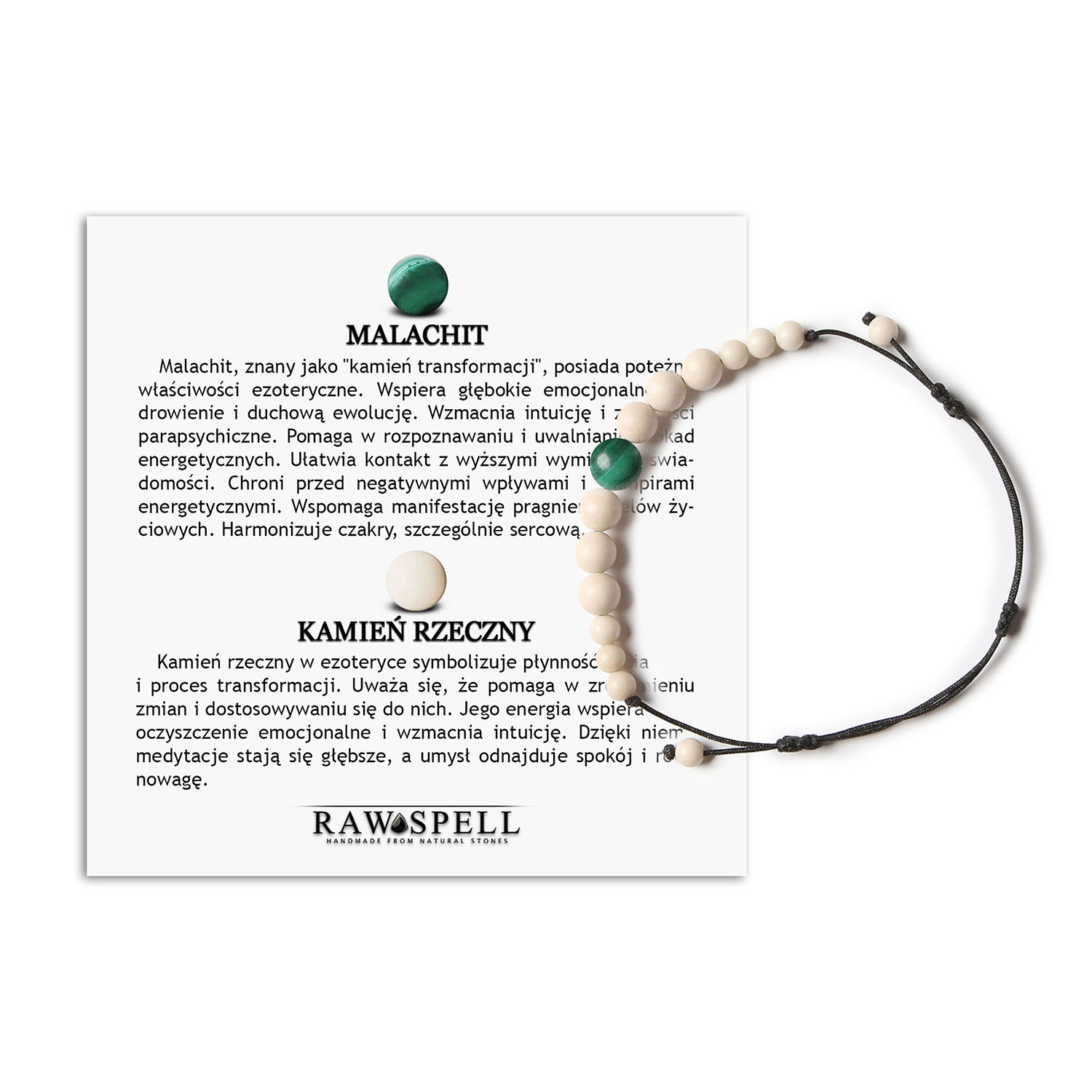 Kolekcja Jaue bransoletka na sznurku z malachitem i kamieniem rzecznym, idealna dla kobiet i mężczyzn Bransoletka męska i damska z kolekcji Jaue, wykonana z naturalnych kamieni: malachitu i kamienia rzecznego.