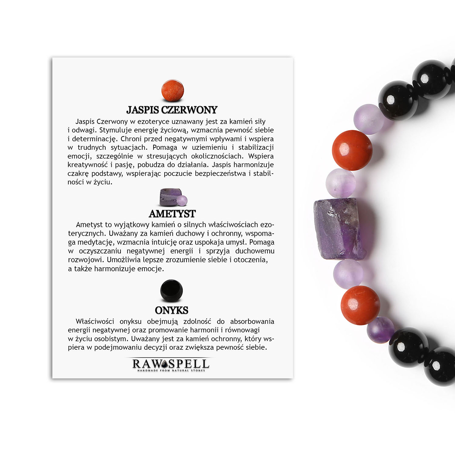 Kolekcja Kema Bransoletka na sznurku z Jaspisem Czerwonym, Ametystem i Onyksami, idealna dla kobiet i mężczyzn Bransoletka Kema z kamieniami naturalnymi: jaspis czerwony, ametyst i onyks, uniwersalny design dla kobiet i mężczyzn.