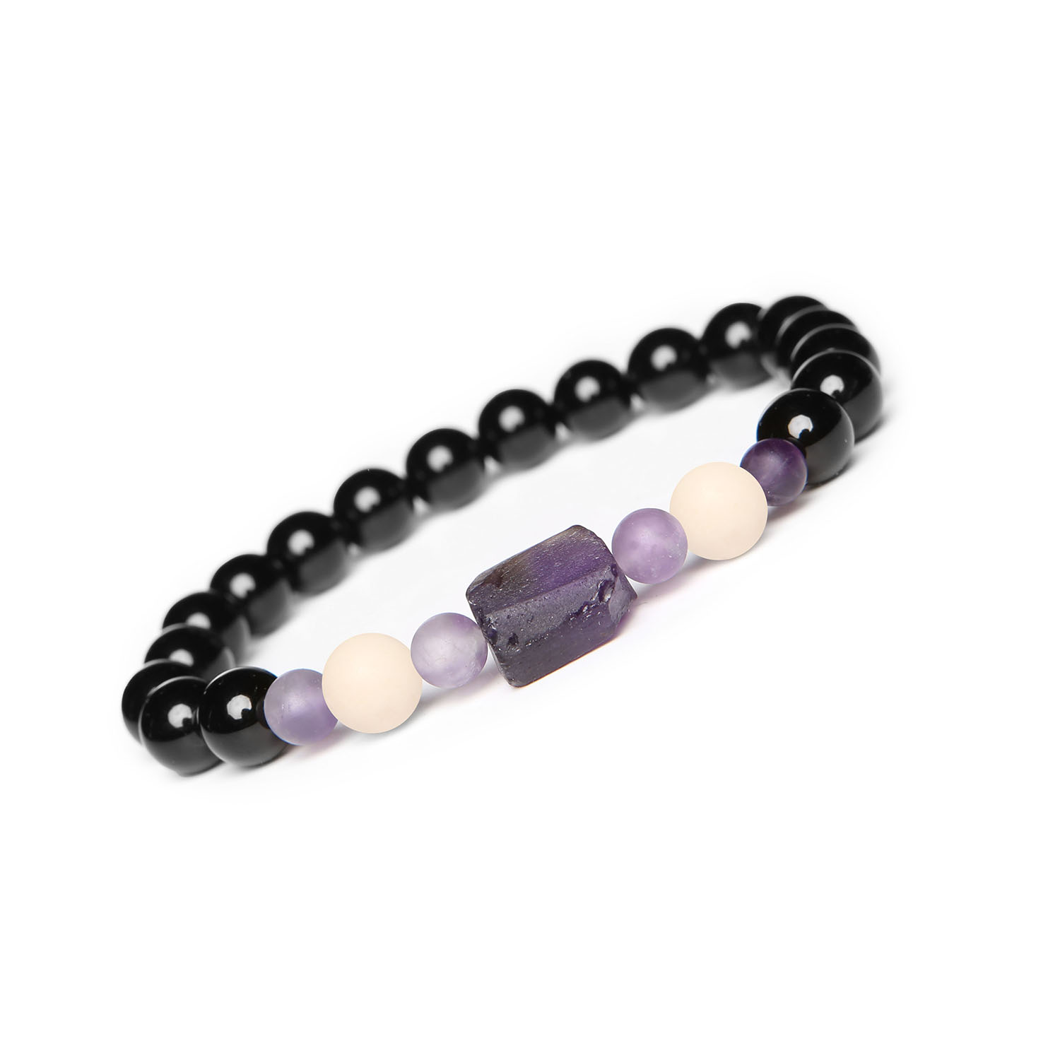 Kolekcja Kema Damska i męska bransoletka z Ametystem i Onyksami Bransoletka z kolekcji Kema na ręce, wykonana z naturalnych kamieni: Kamień Rzeczny, Ametyst i Onyks. Idealna dla kobiet i mężczyzn.