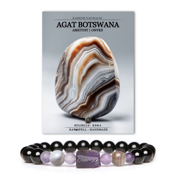 Bransoletka Kema, idealna dla kobiet i mężczyzn, z agatami botswańskimi, ametystem i onyksem - elegancki akcent na każdą okazję.