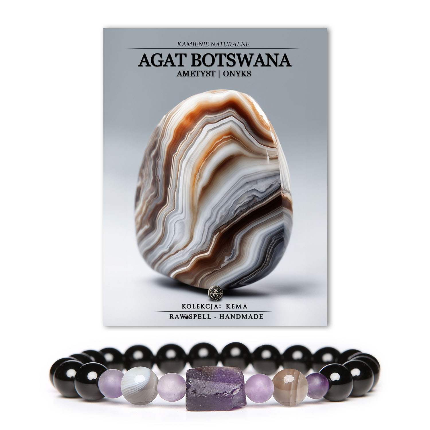 Bransoletka Kema, idealna dla kobiet i mężczyzn, z agatami botswańskimi, ametystem i onyksem - elegancki akcent na każdą okazję.