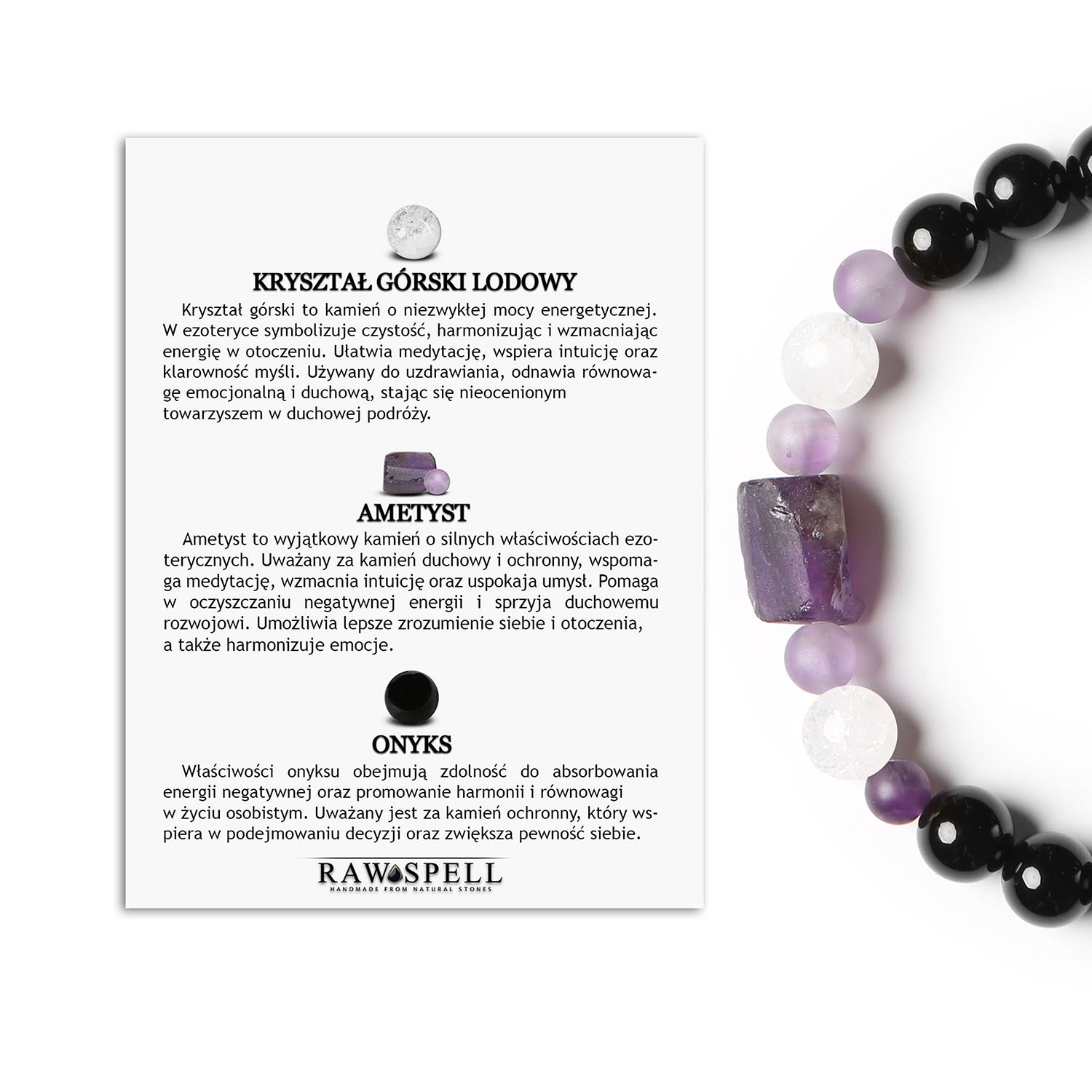 Kolekcja Kema bransoletka na sznurku z Kryształem Górskim, Ametystem i Onyksami, dostępna w wersji damskiej i męskiej Stylowa bransoletka z kolekcji Kema, łącząca Kryształ Górski Lodowy, Ametyst oraz Onyks, idealna zarówno dla pań, jak i panów.
