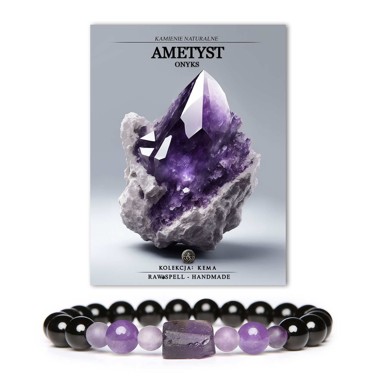Bransoletka Kema z ametystu i onyksu, uniwersalny dodatek dla kobiet i mężczyzn.