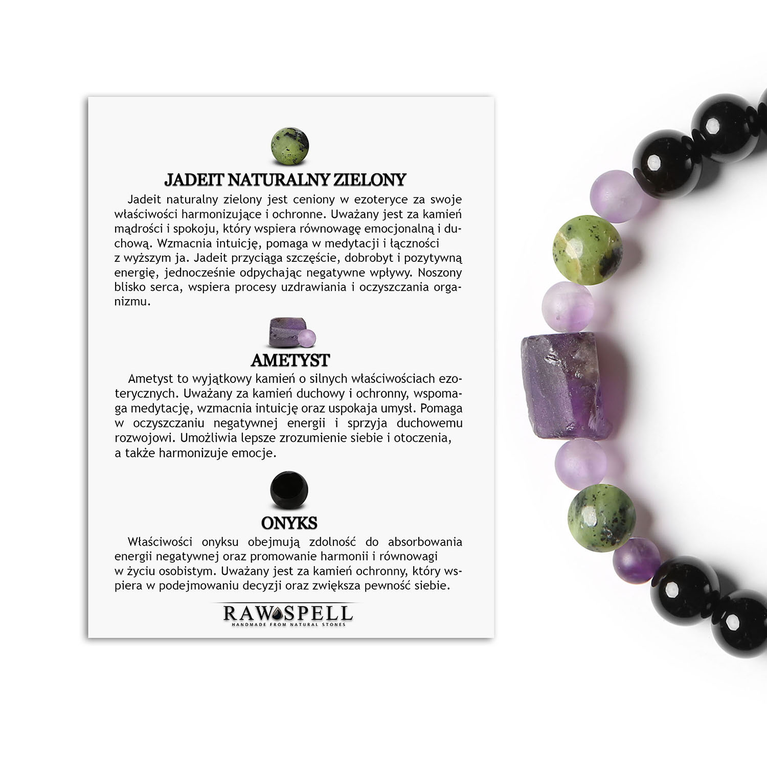 Kolekcja Kema bransoletka na sznurku z jadeitem zielonym, ametystem i onyksowym - idealna dla kobiet i mężczyzn Bransoletka z kolekcji Kema, wykonana z zielonego jadeitu, ametystu i onyksu, idealna dla kobiet i mężczyzn.