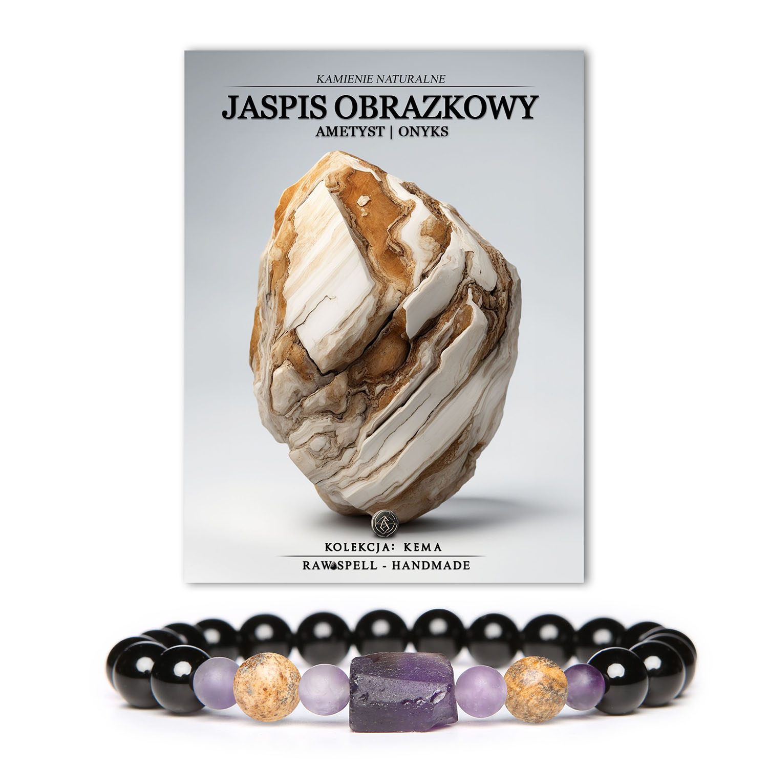 Bransoletka z kolekcji Kema, wykonana z naturalnych kamieni - jaspisu obrazkowego, ametystu i onyksem, idealna dla kobiet i mężczyzn.