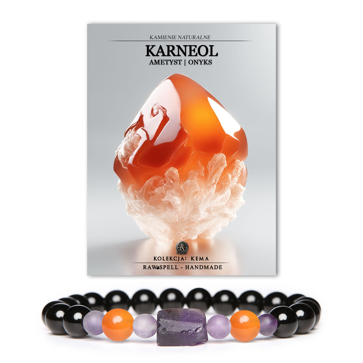 Elegancka bransoletka Kema z naturalnymi kamieniami: karneol, ametyst i onyks, uniwersalna dla obu płci.