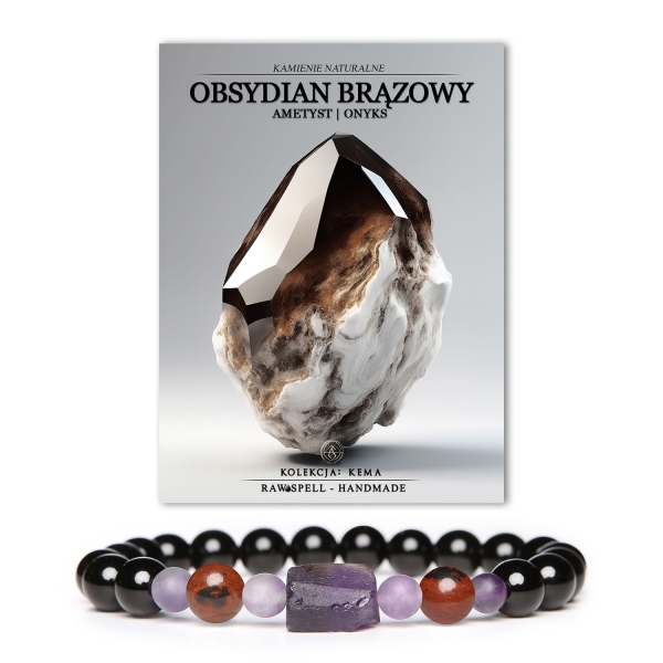 Unikalna bransoletka z kolekcji Kema z naturalnych kamieni: brązowym obsydianem, ametystem i onyks, odpowiednia dla obojga płci.