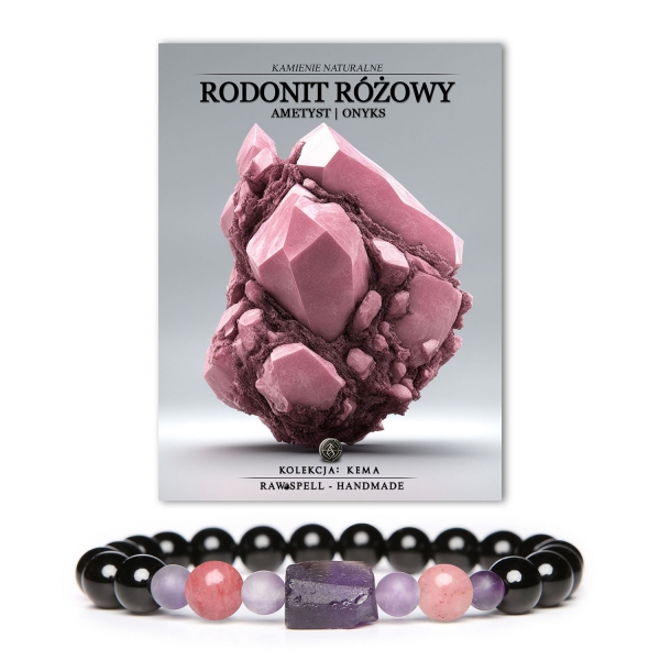 Bransoletka Kema z naturalnych kamieni: różowy rodonit, ametyst i onyks - idealna dla kobiet i mężczyzn.