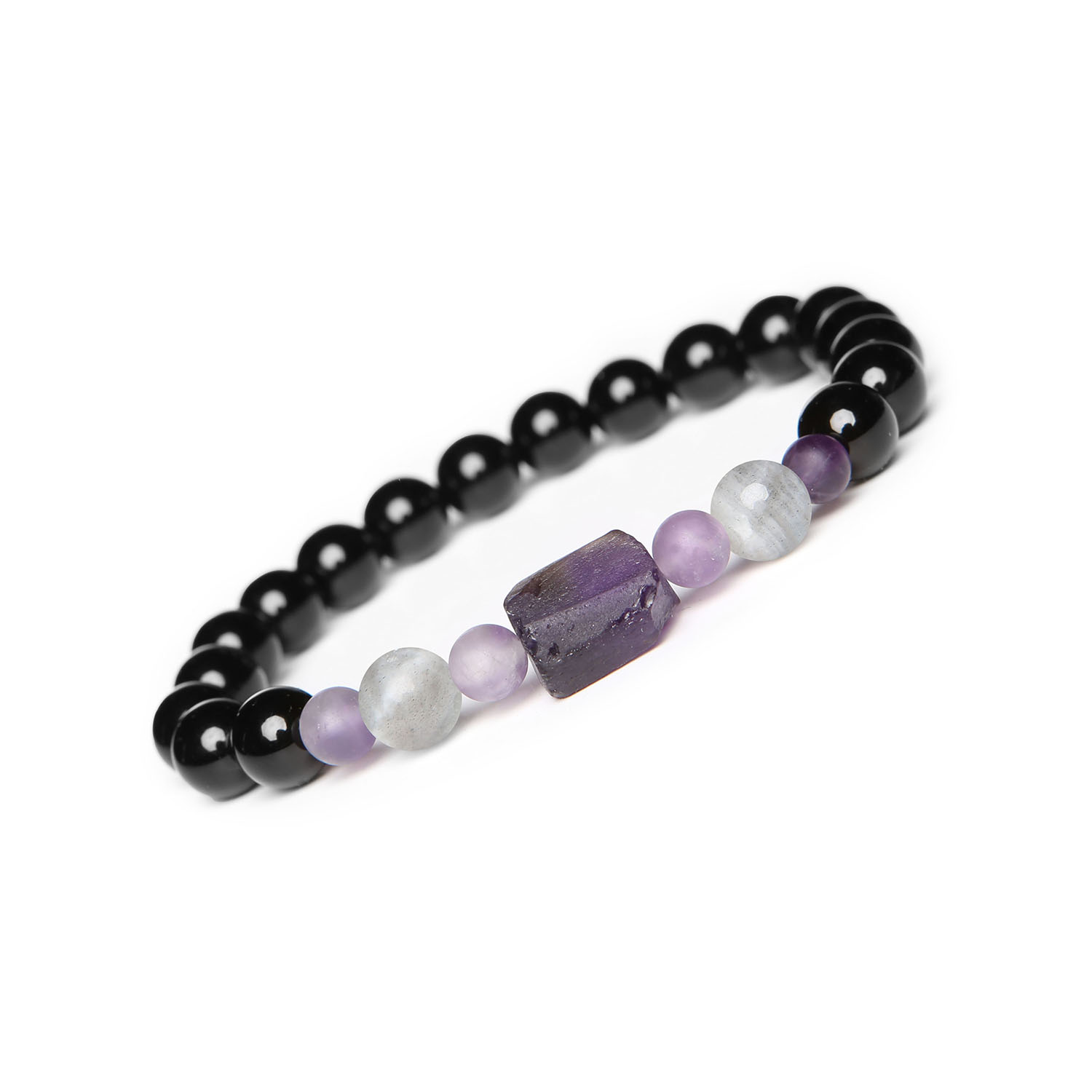 Kolekcja Kema damska i męska bransoletka na sznurku z labradorytem, ametystem i onyksem Stylowa bransoletka Kema z kamieniami naturalnymi: labradorytem, ametystem i onyks. Odpowiednia dla kobiet i mężczyzn.