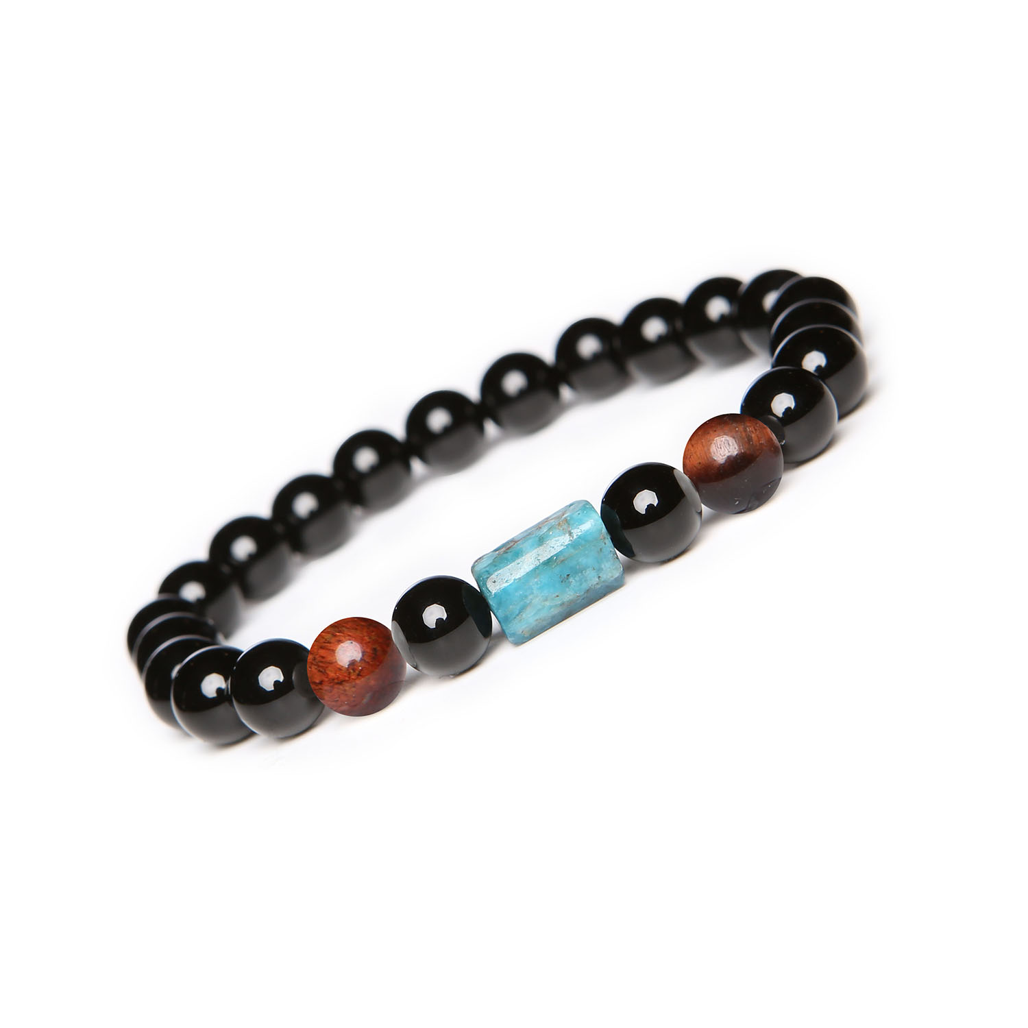 Kolekcja Laeri - Bransoletka na gumce z Bawołym Okiem, Apatytem i Onyksami dla kobiet oraz mężczyzn Elegancka bransoletka z kolekcji Laeri, ozdobiona naturalnymi kamieniami Bawole Oko, Apatytem i Onyksem, dla każdego