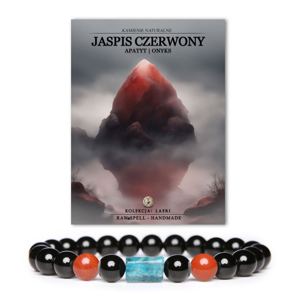 Elegancka bransoletka z kolekcji Laeri, w której skład wchodzą jaspis czerwony, apatyt i onyks, doskonała dla kobiet i mężczyzn.