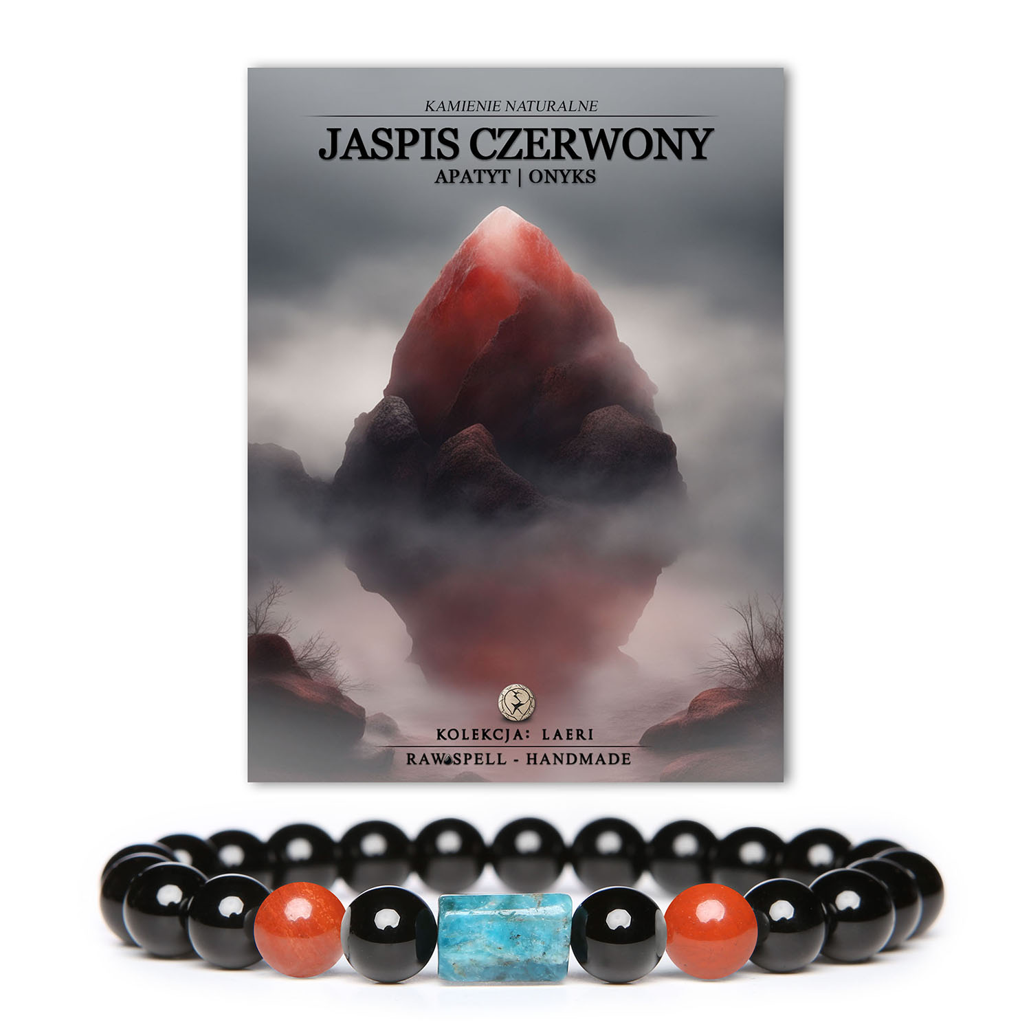 Elegancka bransoletka z kolekcji Laeri, w której skład wchodzą jaspis czerwony, apatyt i onyks, doskonała dla kobiet i mężczyzn.