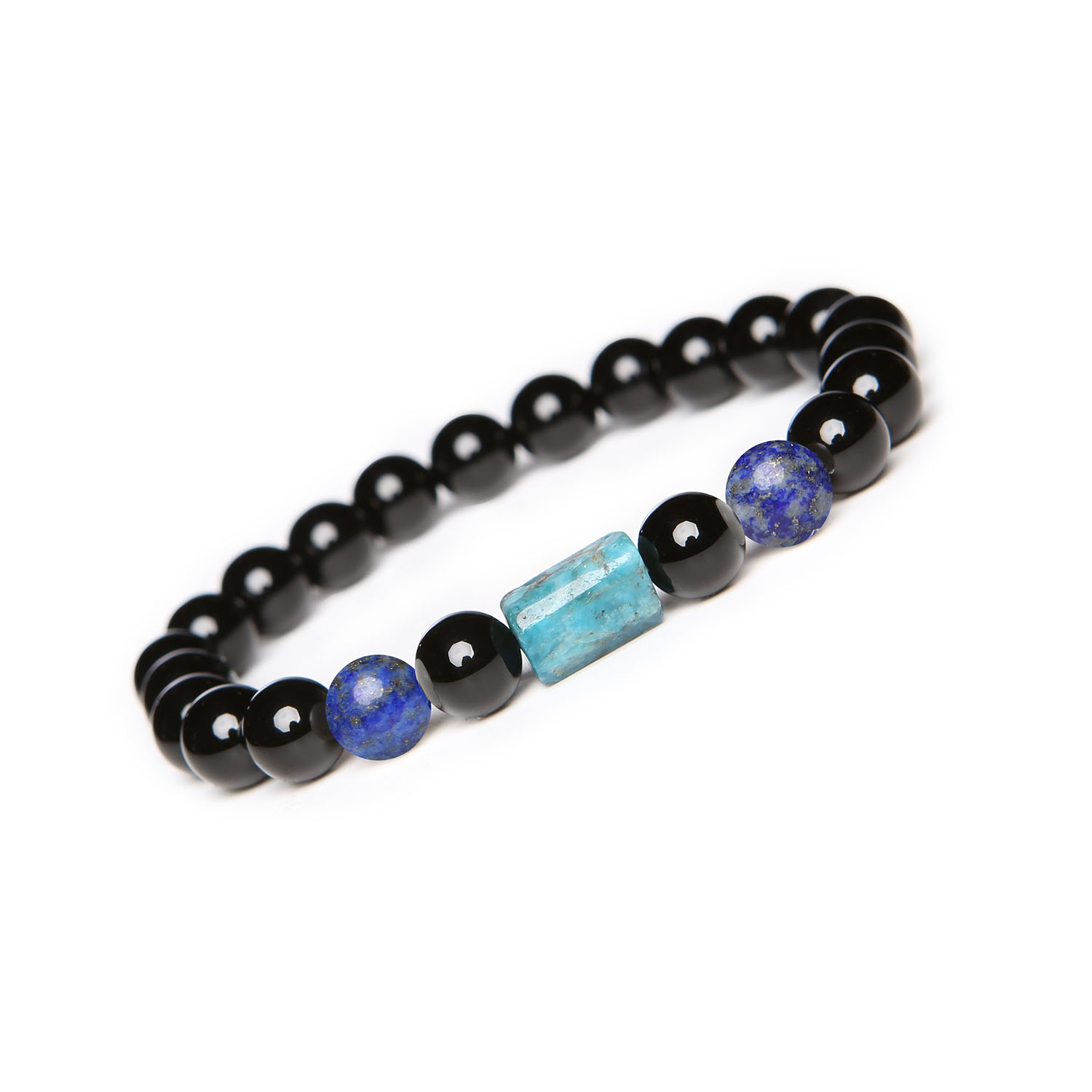 Kolekcja Laeri Bransoletka na gumce z Lapis Lazuli, Apatytem i Onyksami dla każdego Elegancka bransoletka z kolekcji Laeri z lapis lazuli, apatytu i onyksu, unisex – perfekcyjny dodatek dla każdego.