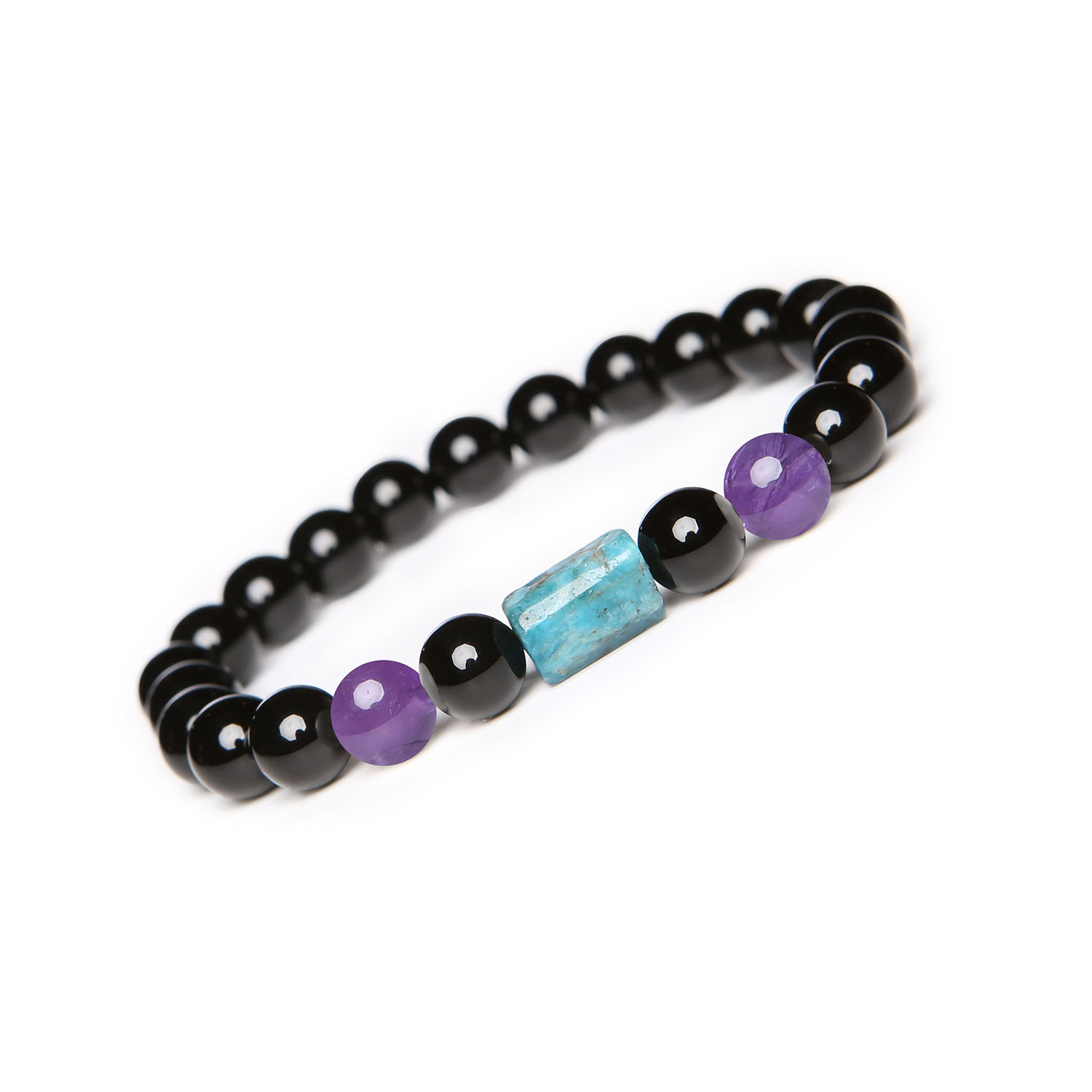 Kolekcja Laeri - Bransoletka z amethystem, apatitem i onykiem - stylowa odzież i akcesoria dla Kobiet i Mężczyzn Elegancka bransoletka z kolekcji Laeri, ozdobiona ametystem, apatytami i onyksem, przeznaczona dla obu płci.