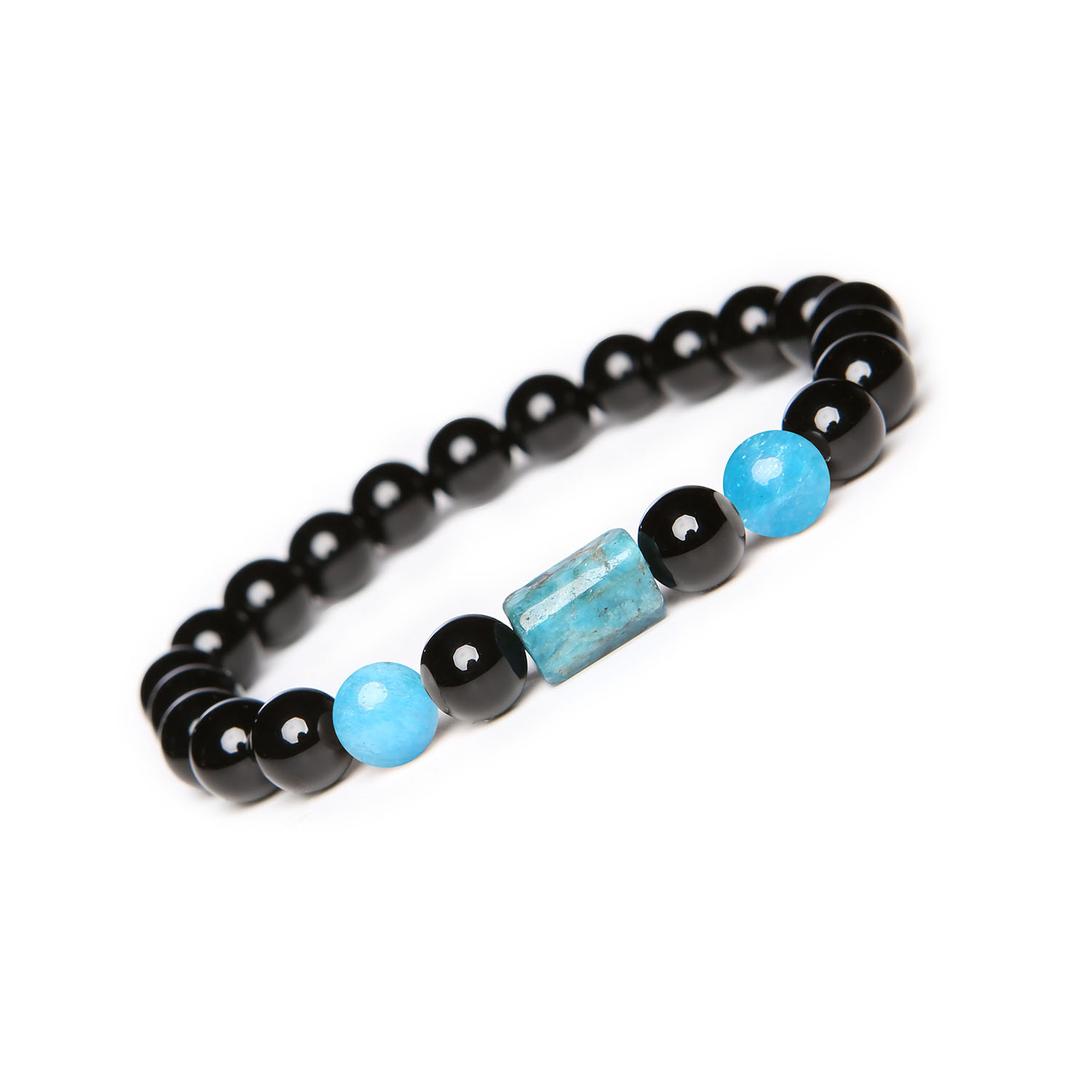 Kolekcja Laeri bransoletka na gumce z apatytem i onyksami dla wszystkich Stylowa bransoletka z kolekcji Laeri z kamieniami apatytu i onyksu, odpowiednia dla wszystkich płci.