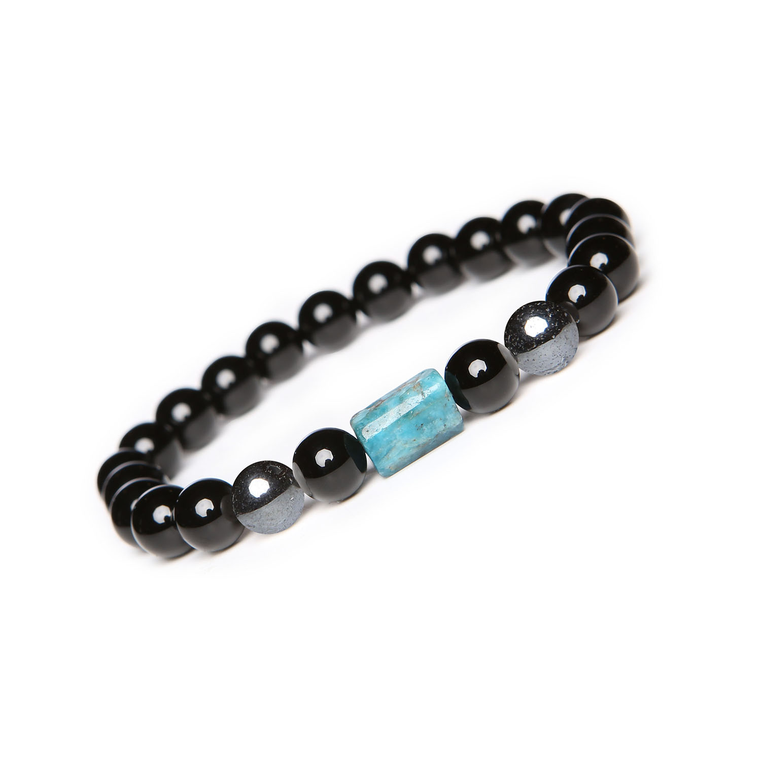 Kolekcja Laeri bransoletka na gumce z hematytem grafitowym, apatytami i onyksami, idealna dla kobiet i mężczyzn Bransoletka Laeri z naturalnymi kamieniami hematytu grafitowego, apatytu i onyksu, idealna dla kobiet i mężczyzn.