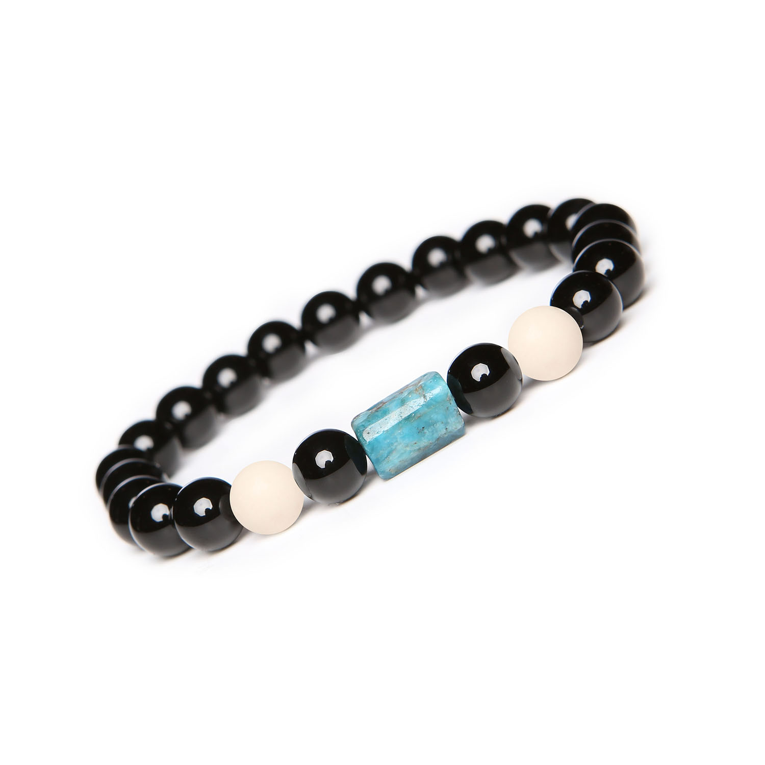 Kolekcja Laeri bransoletka na gumce z kamieniami rzecznymi, apatytu i onyksu dla każdego Bransoletka z kolekcji Laeri wykonana z naturalnych kamieni – Rzeczny Kamień, Apatyt i Onyks, idealna dla kobiet i mężczyzn.