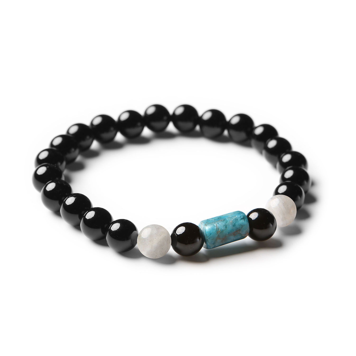 Stylowa bransoletka z kolekcji Laeri, z kamieniami szlachetnymi: labradorytem, apatytu i onyksu, doskonała dla obu płci.