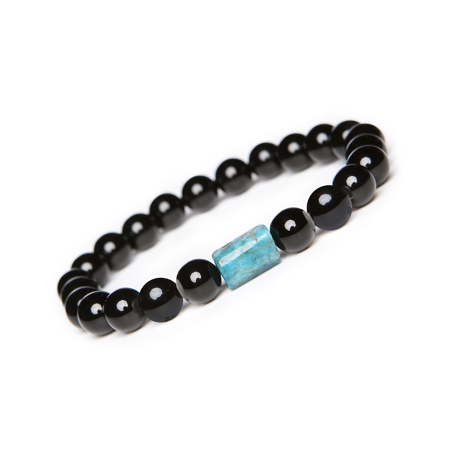 Kolekcja Laeri - bransoletka na gumce z onyksu i apatytu, idealna dla kobiet i mężczyzn Stylowa bransoletka Laeri z onyksu i apatytu, doskonała dla każdego - zarówno kobiet, jak i mężczyzn.