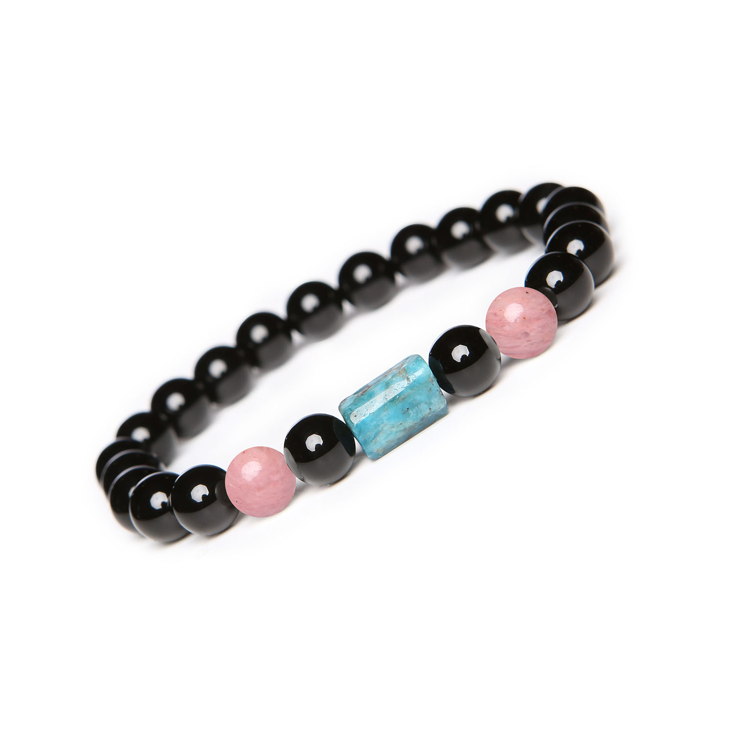 Kolekcja Laeri bransoletka na gumce z rodonitem różowym, apatytami i onyksami dla każdego Bransoletka z kolekcji Laeri, wykonana z naturalnych kamieni: różowego rodonitu, apatytu i onyksu, idealna dla kobiet i mężczyzn.sv