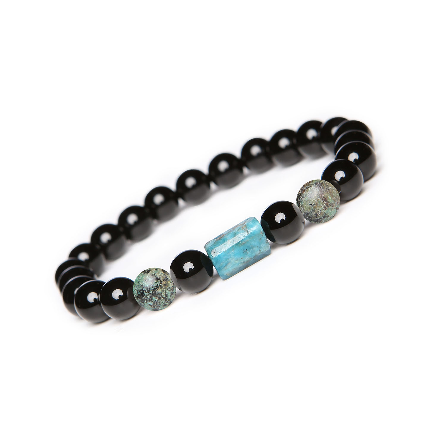 Kolekcja Laeri bransoletka na gumce z turkusem afrykańskim apatytem i onyksem Bransoletka z kolekcji Laeri wykonana z naturalnych kamieni: turkusu afrykańskiego, apatytu i onyksu, idealna dla kobiet i mężczyzn.