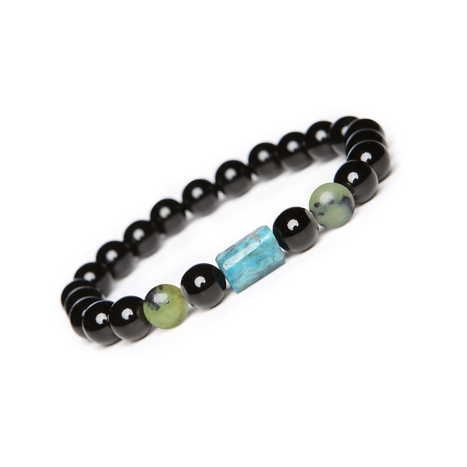 Kolekcja Laeri bransoletka na gumce z zielonym jadeitem, apatytem i onyksem, unisex Bransoletka Laeri z naturalnych kamieni: zielony jadeit, apatyt i onyks, idealna dla kobiet i mężczyzn.