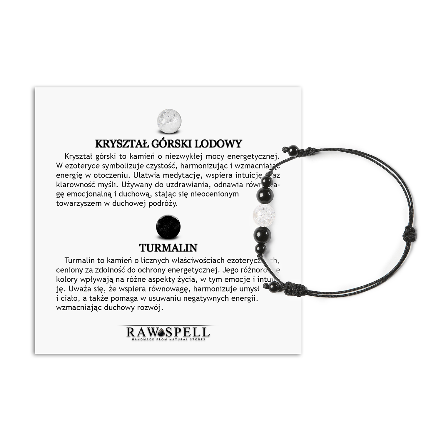 Kolekcjonerska bransoletka Garie na sznurku z Kryształem Górskim Lodowym oraz Turmalinem, dedykowana dla pań i panów Elegancka bransoletka Garie z kamieniami naturalnymi: Kryształ Górski Lodowy i Turmalin, idealna dla obu płci.