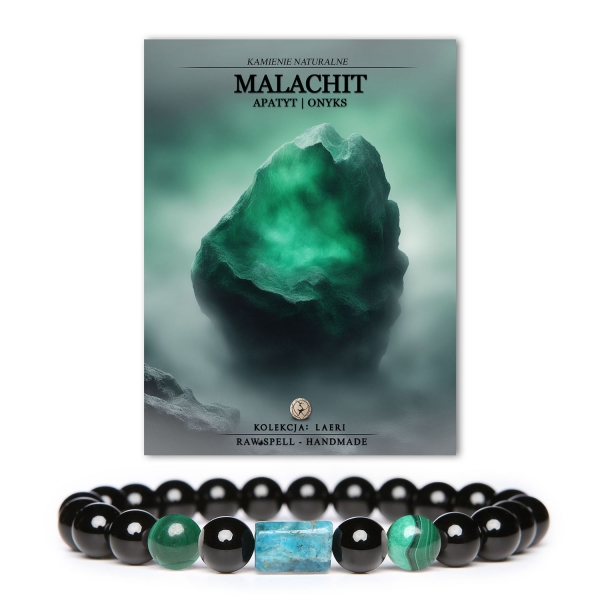 Stylowa bransoletka Laeri z malachitem, apatyt i onyksami - doskonały dodatek dla kobiet i mężczyzn.