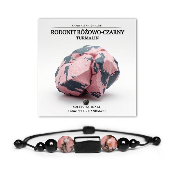 Elegancka bransoletka Inare z naturalnym rodonitem i turmalinem, dostępna w wersji damskiej i męskiej, łącząca modę z siłą kamieni.