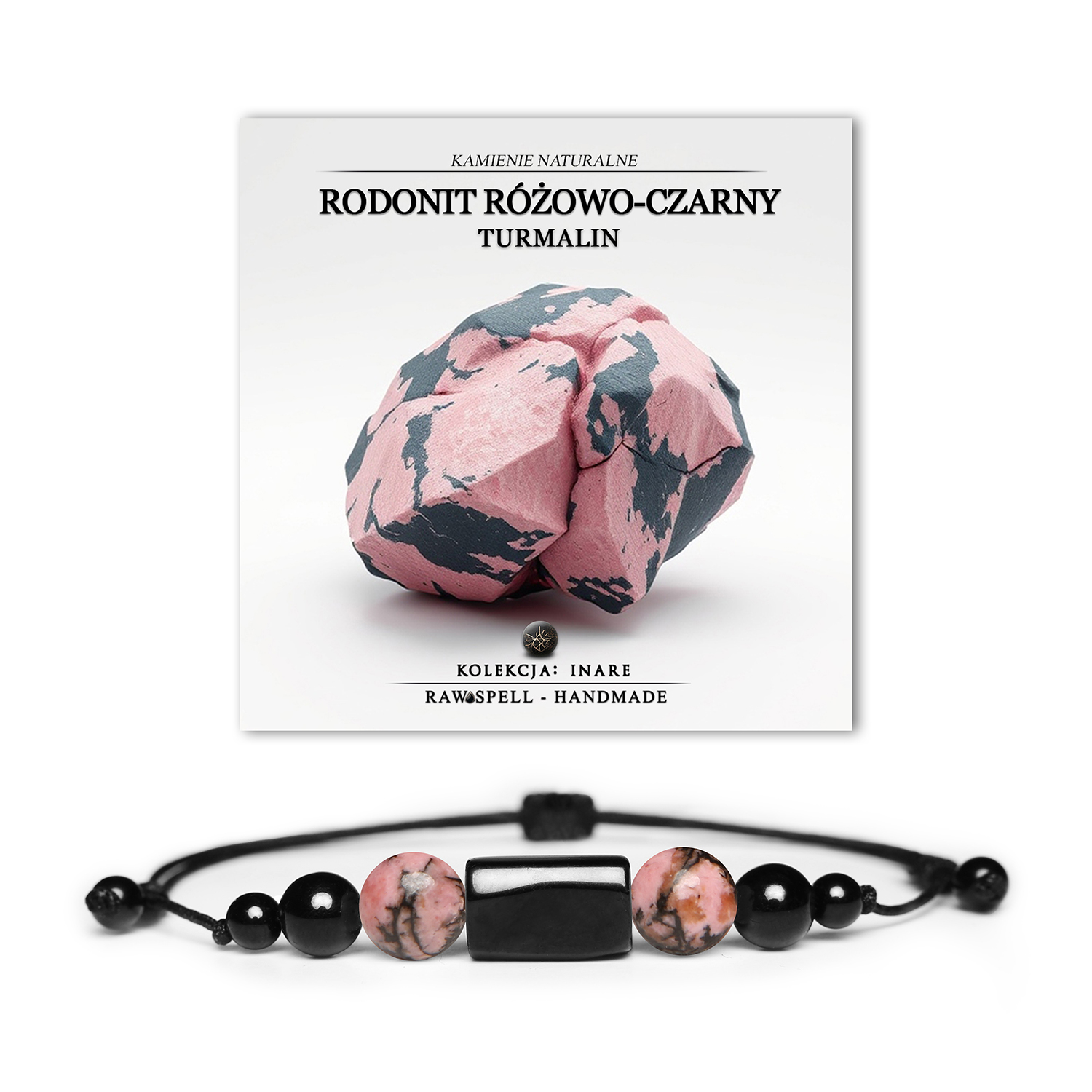 Elegancka bransoletka Inare z naturalnym rodonitem i turmalinem, dostępna w wersji damskiej i męskiej, łącząca modę z siłą kamieni.