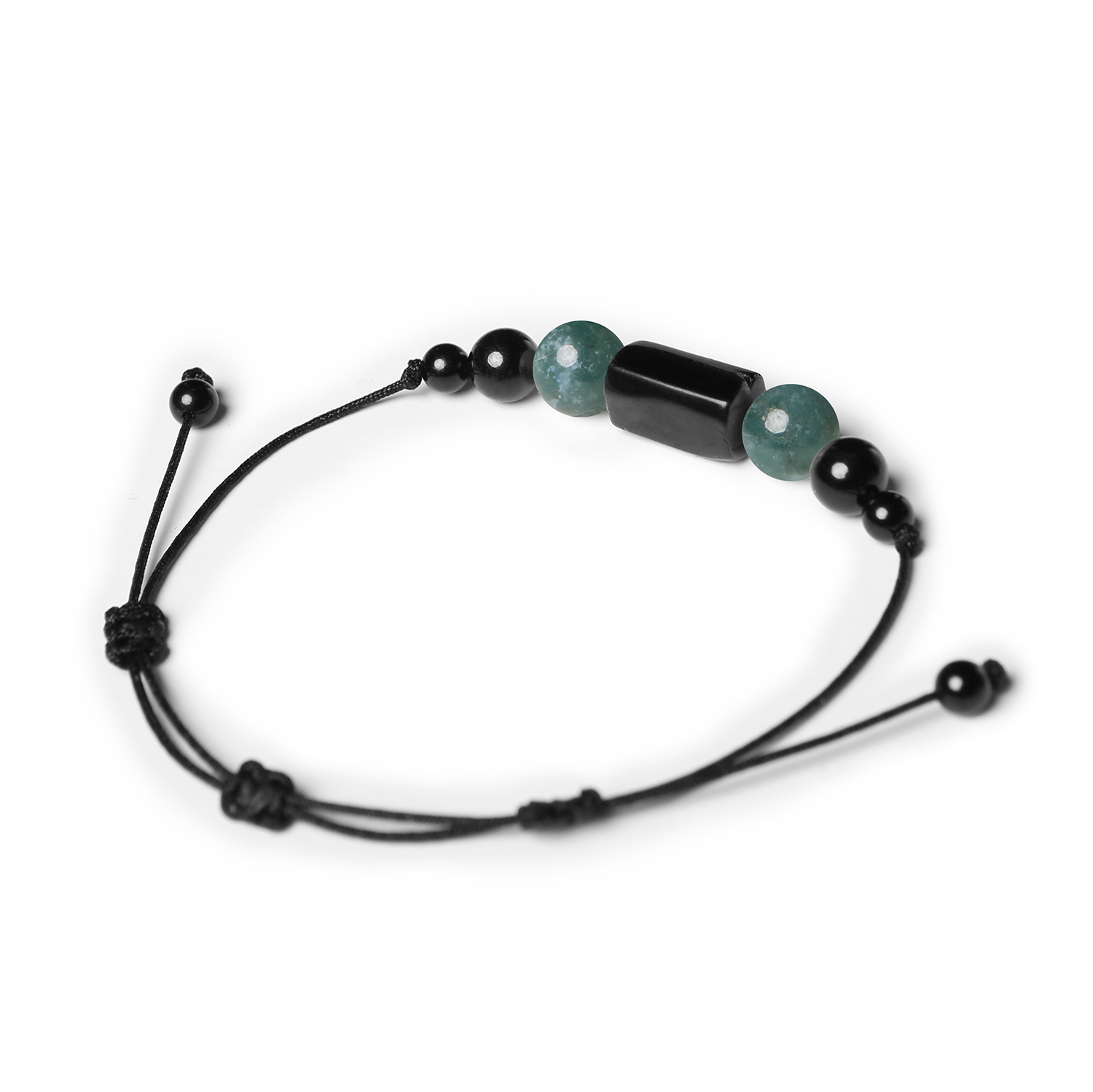 Stylowa bransoletka Inare z naturalnymi kamieniami: agat mszysty i turmalin, przeznaczona dla obu płci.