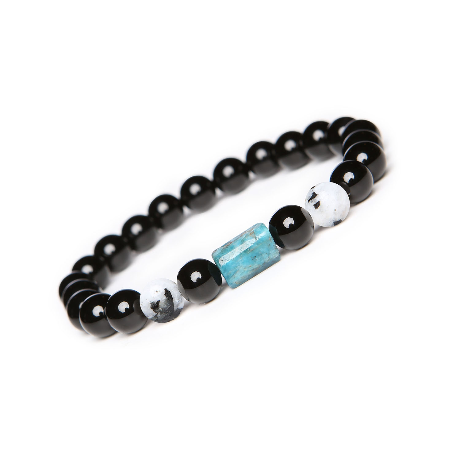 Laeri Bransoletka do Dziewczynek i Chłopaków, Kolekcja Kamieni Kamień Księżycowy Łaciaty, Apatyt i Onyks Unikatowa bransoletka z kolekcji Laeri, ozdobiona Kamieniem Księżycowym Łaciatym, Apatytem i Onyksami, odpowiednia dla kobiet i mężczyzn.