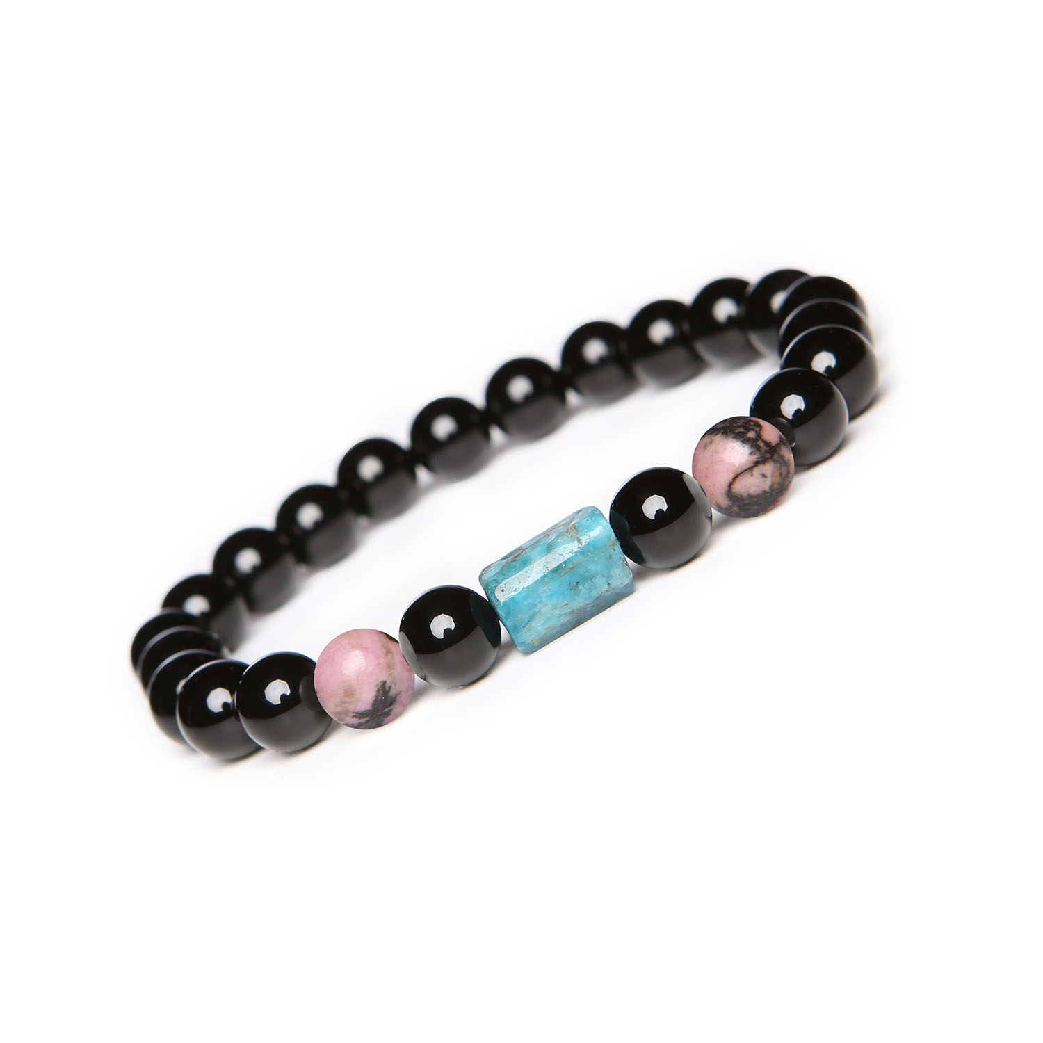 Laeri Bransoletka na gumce - Rodonit w kolorze różowo-czarnym z Apatytem i Onyksu Elegancka bransoletka z kolekcji Laeri, wykonana z rodonitu w odcieniach różu i czerni, apatytu oraz onyksu, doskonała dla kobiet i mężczyzn.